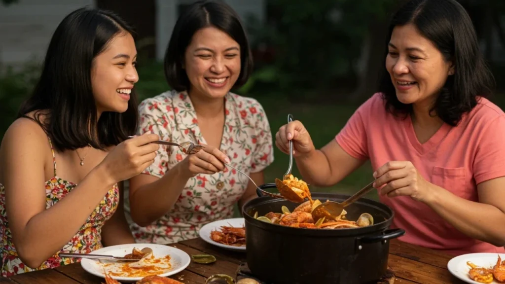 Filipino boodle fight with food served on a communal table