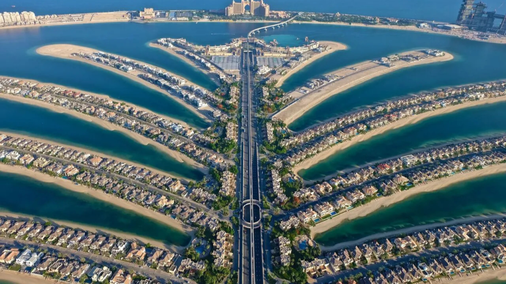 Palm Jumeirah Dubai aerial view of the iconic palm-shaped island