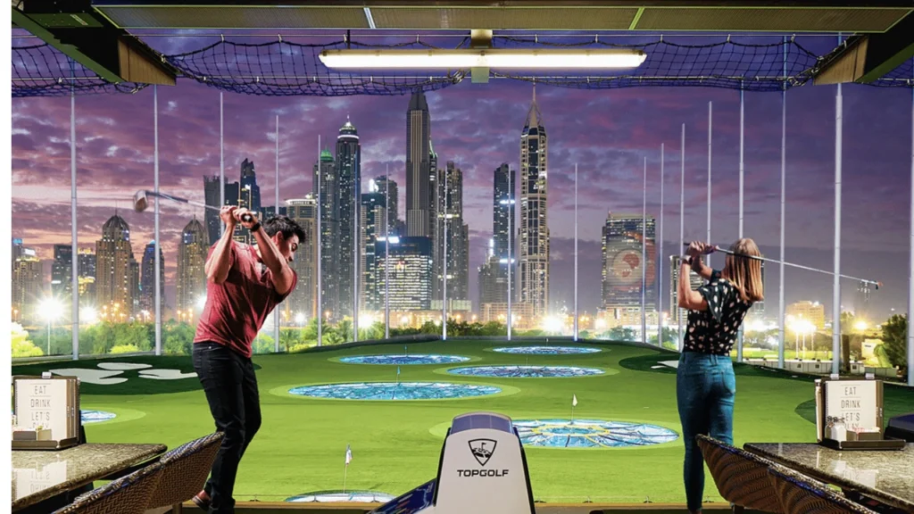 Topgolf Dubai golf bays and skyline views